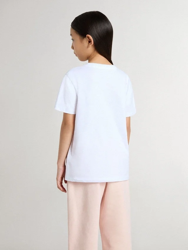 Camiseta blanca de algodón para niños con estampado plateado