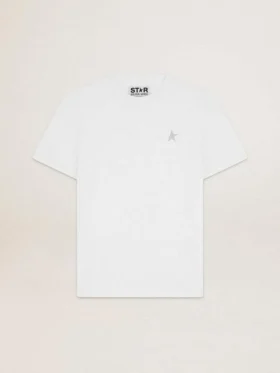 Camiseta blanca para hombre con una estrella plateada con purpurina en el frente