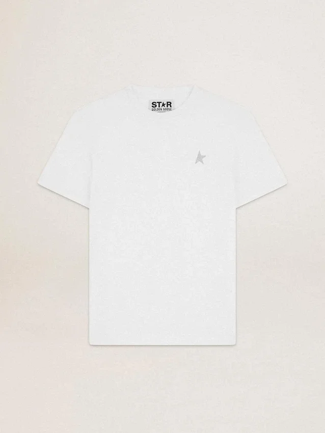 Camiseta blanca para hombre con una estrella plateada con purpurina en el frente