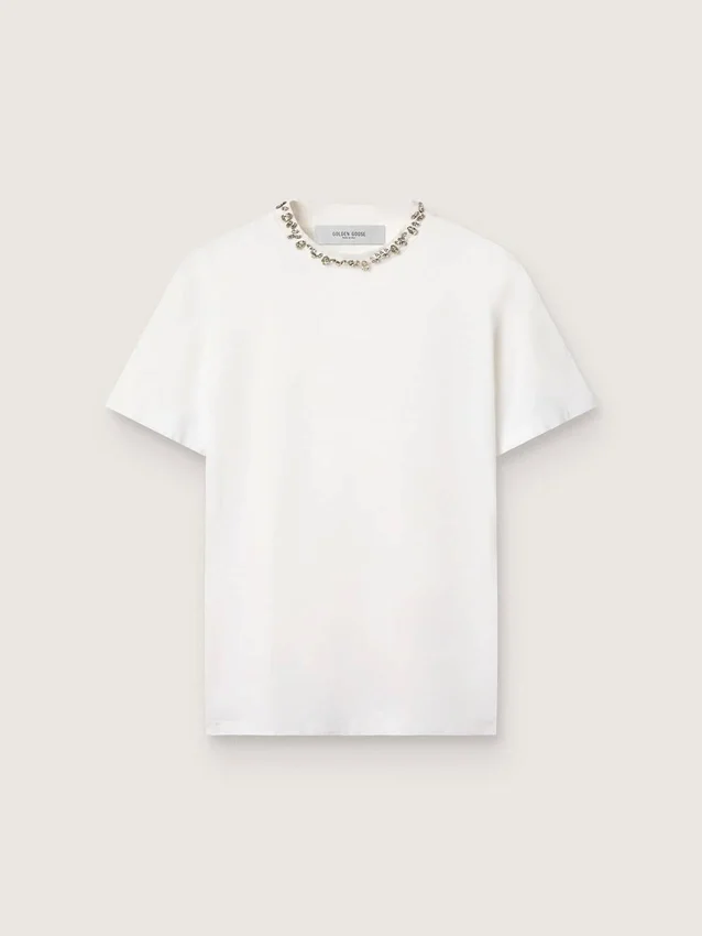Camiseta blanca para mujer con cristales cabujón