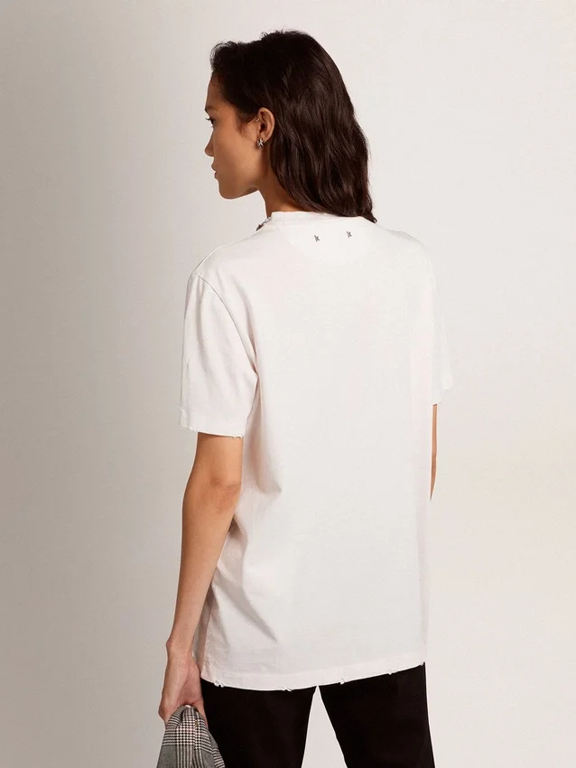 Camiseta blanca para mujer con cristales cabujón