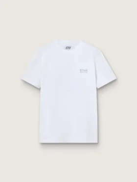 Camiseta blanca para mujer con logotipo plateado con purpurina y estrella