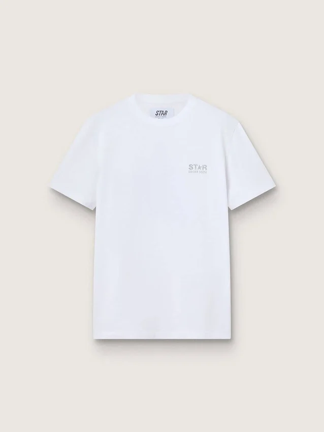 Camiseta blanca para mujer con logotipo plateado con purpurina y estrella