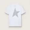 Camiseta blanca para mujer con logotipo plateado con purpurina y estrella