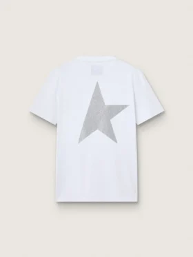 Camiseta blanca para mujer con logotipo plateado con purpurina y estrella