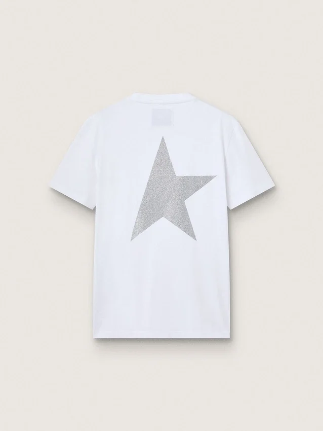 Camiseta blanca para mujer con logotipo plateado con purpurina y estrella