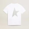 Camiseta blanca para mujer con logotipo plateado con purpurina y estrella