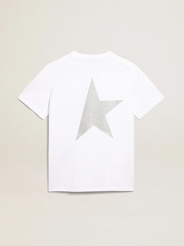 Camiseta blanca para mujer con logotipo plateado con purpurina y estrella