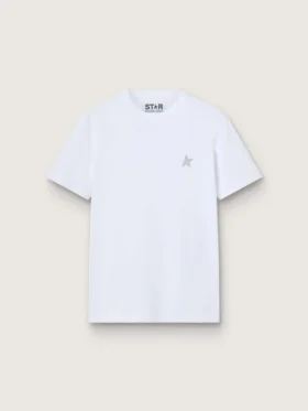 Camiseta blanca para mujer con una estrella plateada con purpurina en el frente