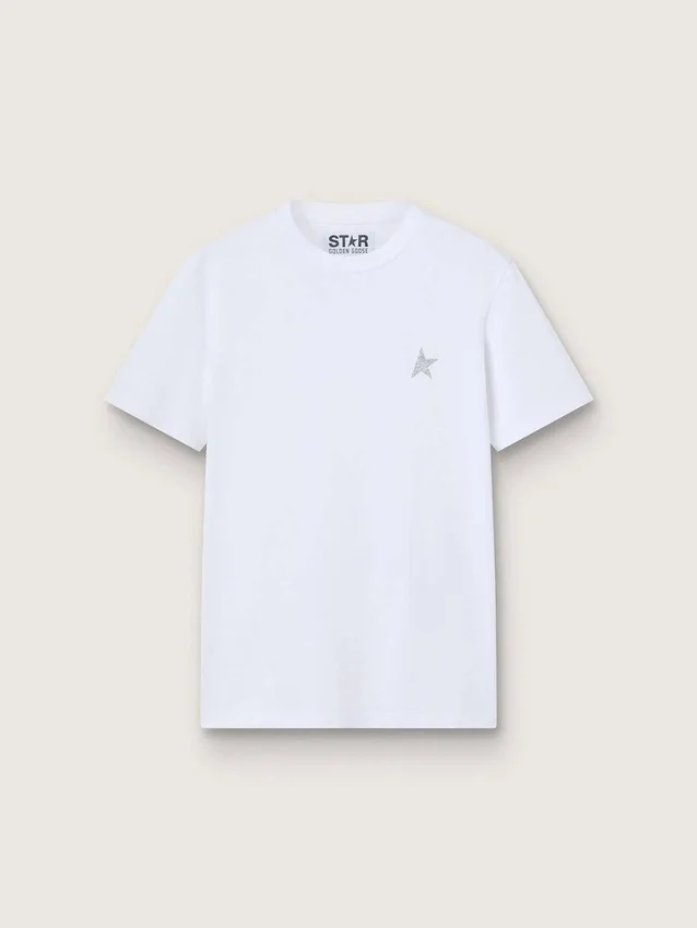 Camiseta blanca para mujer con una estrella plateada con purpurina en el frente