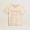 Camiseta color crema para mujer con detalles en rojo deslavado