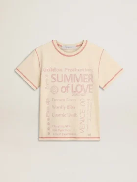 Camiseta color crema para mujer con detalles en rojo deslavado