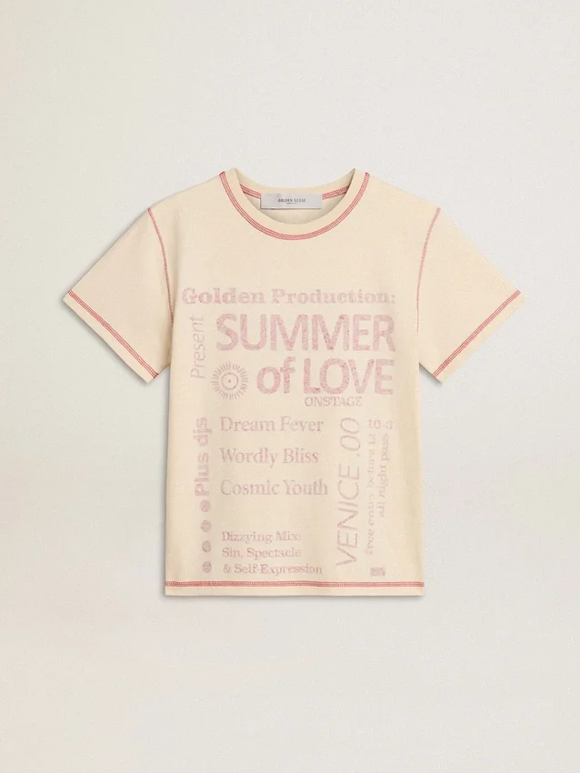 Camiseta color crema para mujer con detalles en rojo deslavado