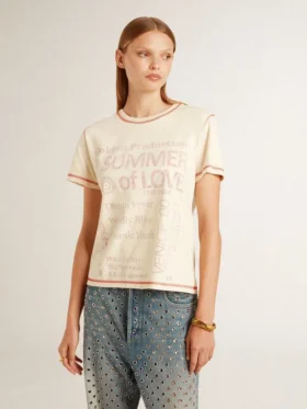 Camiseta color crema para mujer con detalles en rojo deslavado