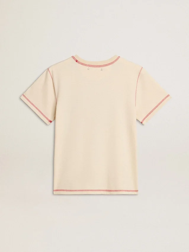 Camiseta color crema para mujer con detalles en rojo deslavado
