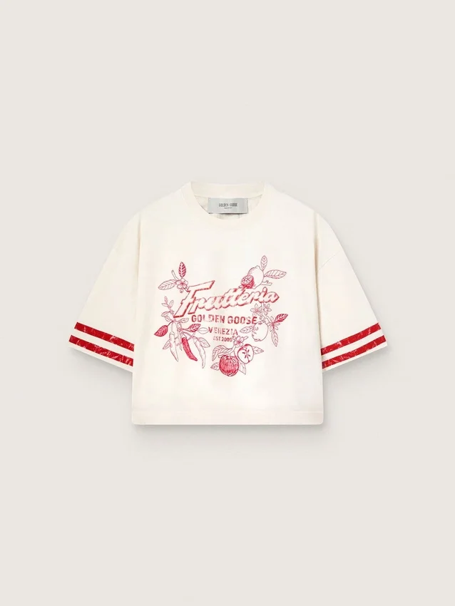 Camiseta corta para mujer de algodón blanco con estampado y bordado