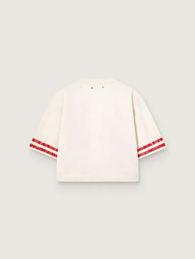 Camiseta corta para mujer de algodón blanco con estampado y bordado