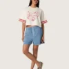 Camiseta corta para mujer de algodón blanco con estampado y bordado