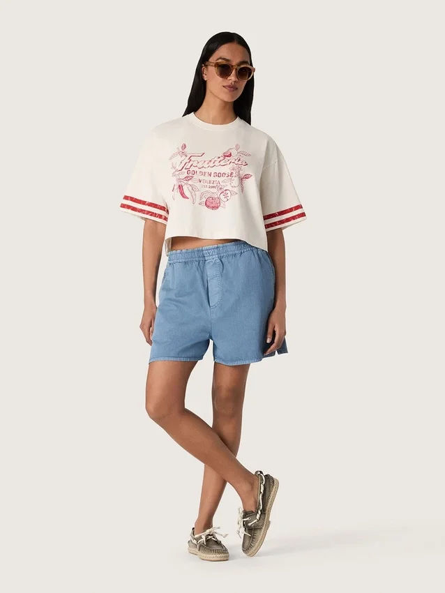 Camiseta corta para mujer de algodón blanco con estampado y bordado