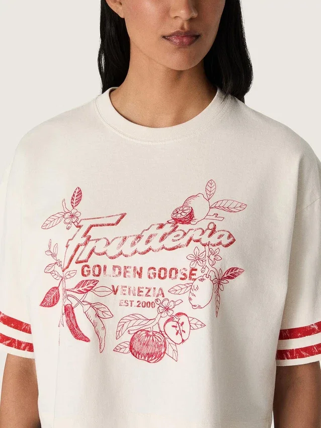 Camiseta corta para mujer de algodón blanco con estampado y bordado