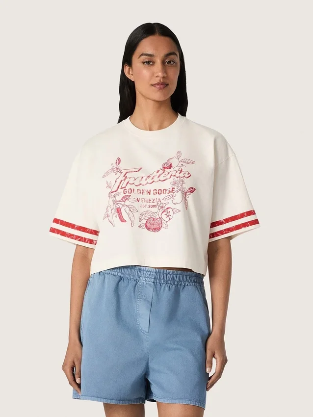 Camiseta corta para mujer de algodón blanco con estampado y bordado