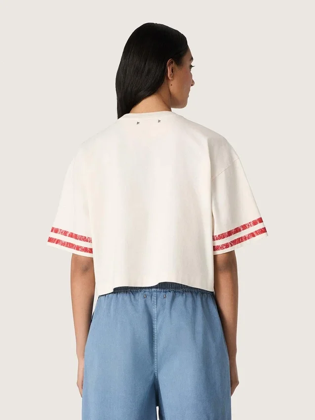 Camiseta corta para mujer de algodón blanco con estampado y bordado