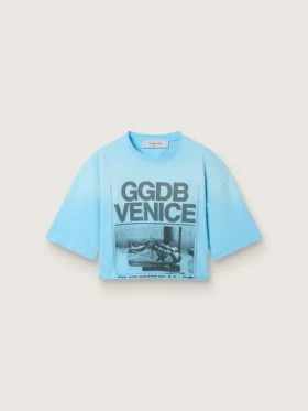 Camiseta corta para mujer en jersey de algodón azul claro con estampado gráfico