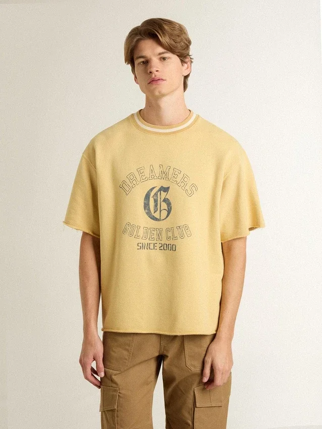 Camiseta de algodón amarilla de talle grande para hombre con estampado azul