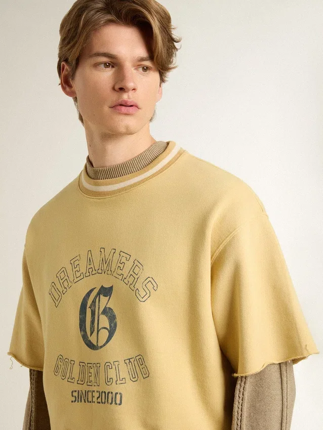 Camiseta de algodón amarilla de talle grande para hombre con estampado azul