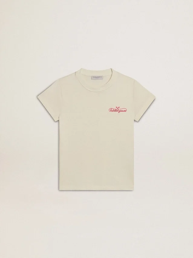 Camiseta de algodón para niñas en blanco desgastado con bordado rojo en el pecho