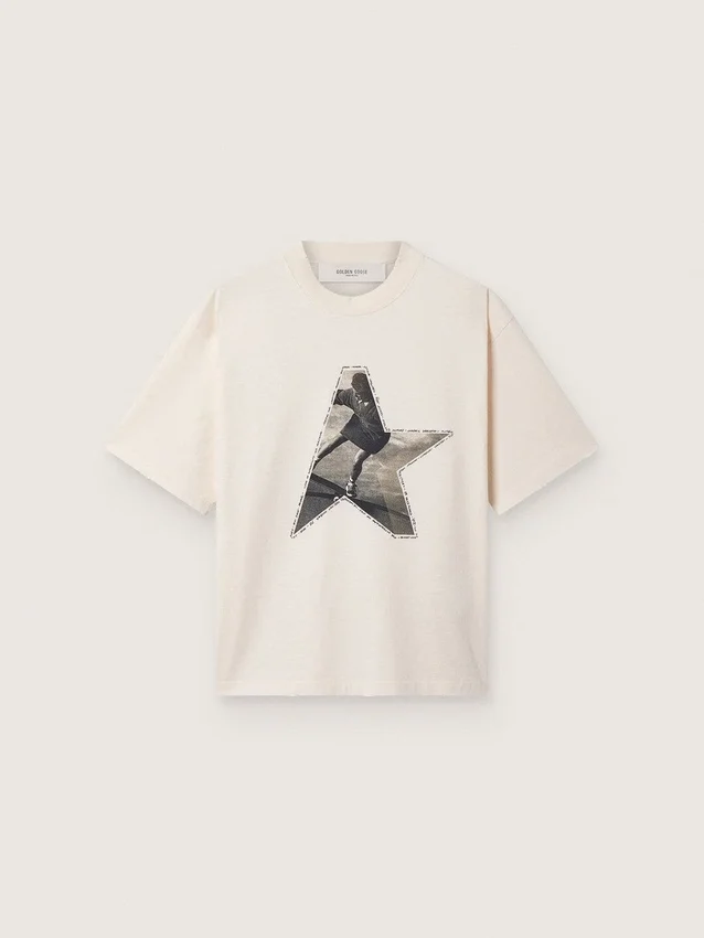 Camiseta de mujer en jersey de algodón blanco con estampado de estrellas
