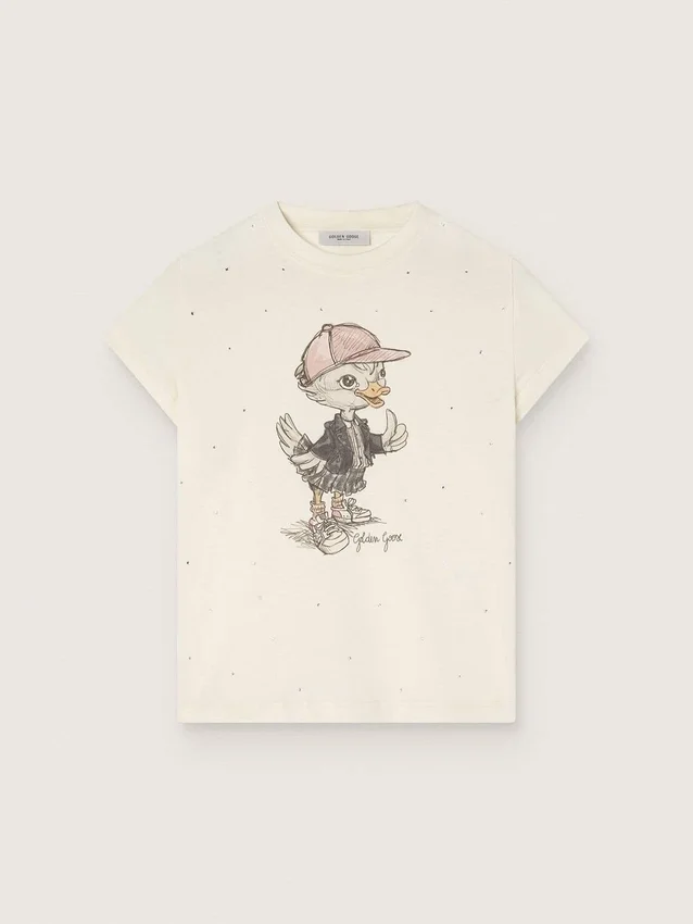 Camiseta Journey para niñas en jersey de algodón blanco con estampado digital de la mascota y apliques de cristales