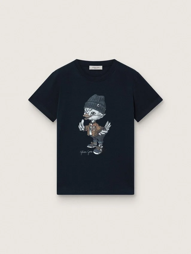 Camiseta Journey para niños en jersey de algodón azul con estampado digital de la mascota