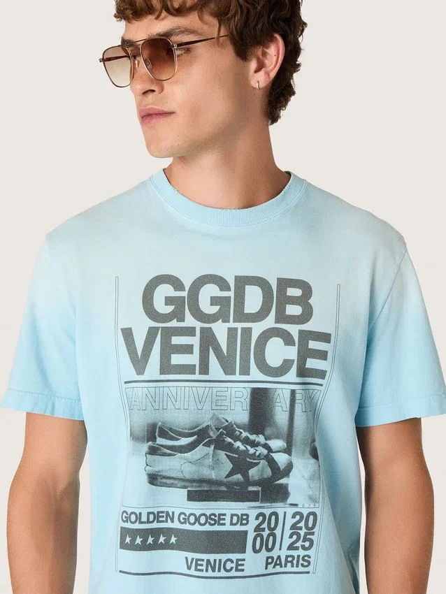 Camiseta para hombre de jersey de algodón azul claro con estampado gráfico
