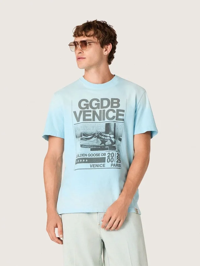 Camiseta para hombre de jersey de algodón azul claro con estampado gráfico