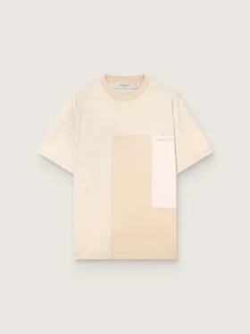 Camiseta para hombre de jersey de algodón con efecto patchwork en blanco y beige
