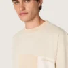 Camiseta para hombre de jersey de algodón con efecto patchwork en blanco y beige