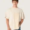 Camiseta para hombre de jersey de algodón con efecto patchwork en blanco y beige