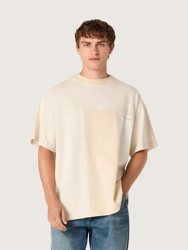 Camiseta para hombre de jersey de algodón con efecto patchwork en blanco y beige