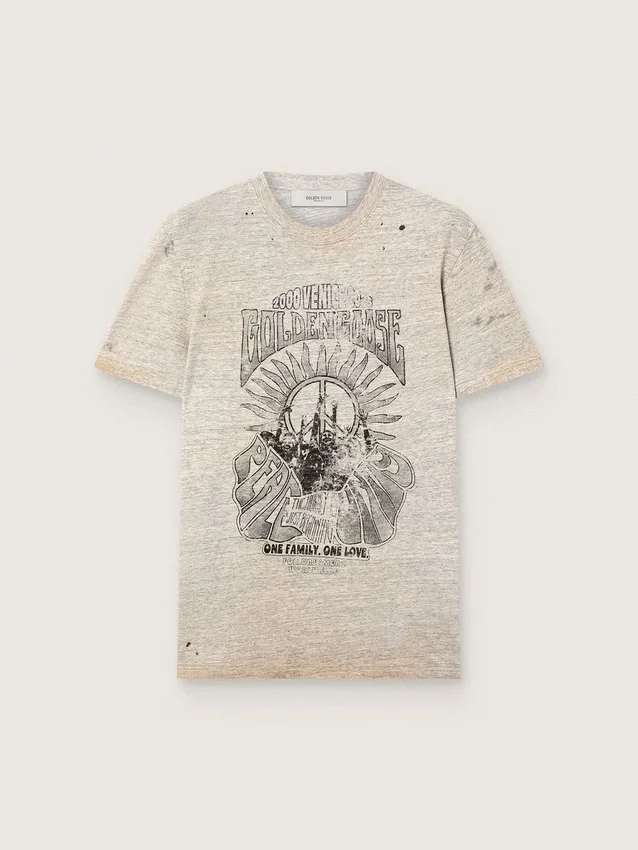 Camiseta para hombre en jersey gris jaspeado con estampado vintage
