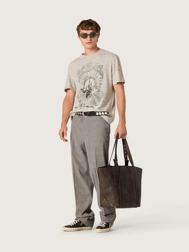 Camiseta para hombre en jersey gris jaspeado con estampado vintage