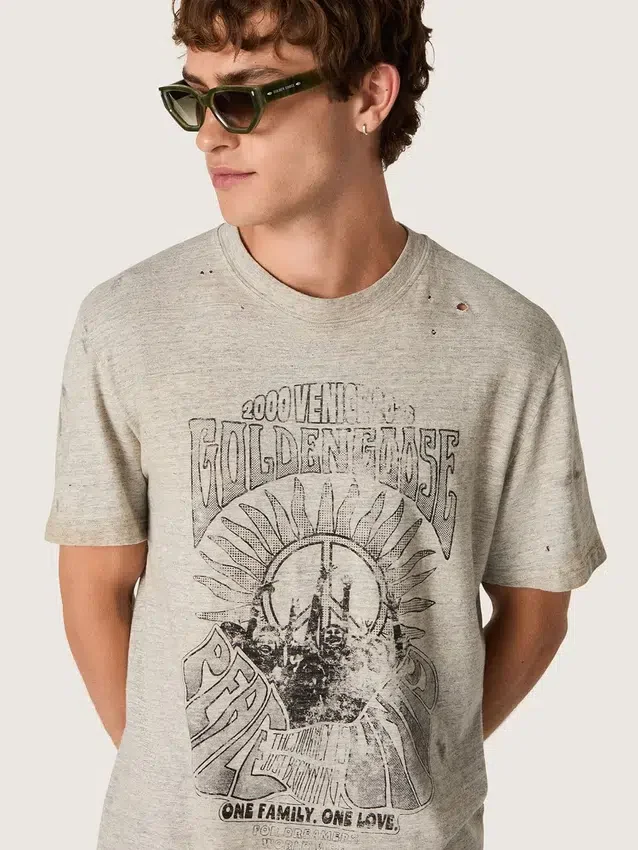 Camiseta para hombre en jersey gris jaspeado con estampado vintage