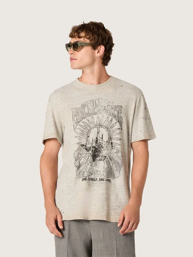 Camiseta para hombre en jersey gris jaspeado con estampado vintage
