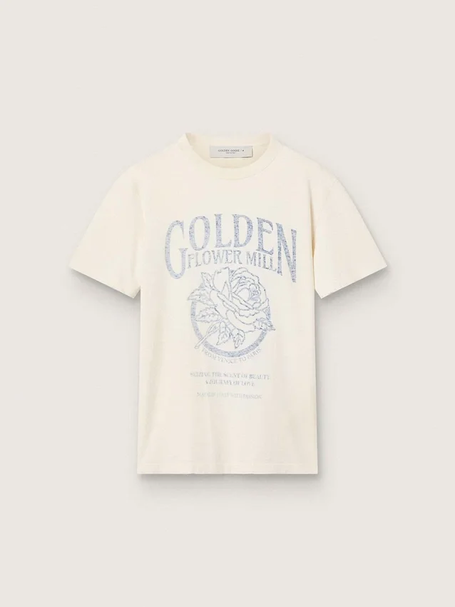 Camiseta para mujer de algodón blanco envejecido con estampado vintage