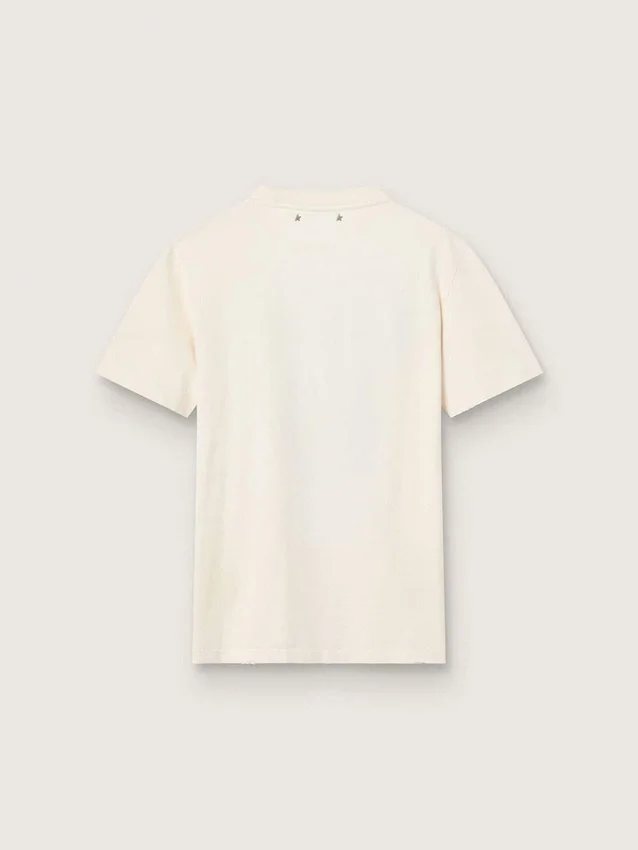 Camiseta para mujer de algodón blanco envejecido con estampado vintage