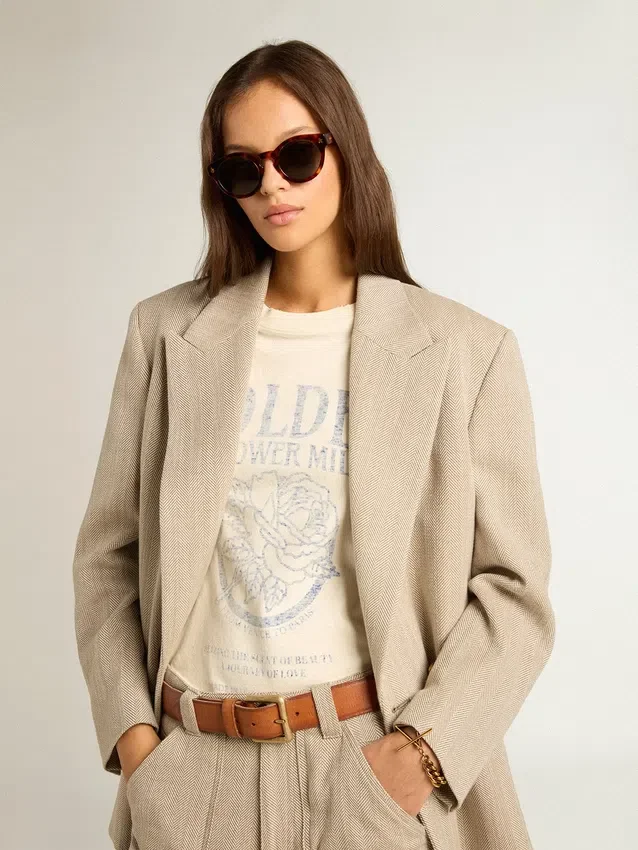 Camiseta para mujer de algodón blanco envejecido con estampado vintage
