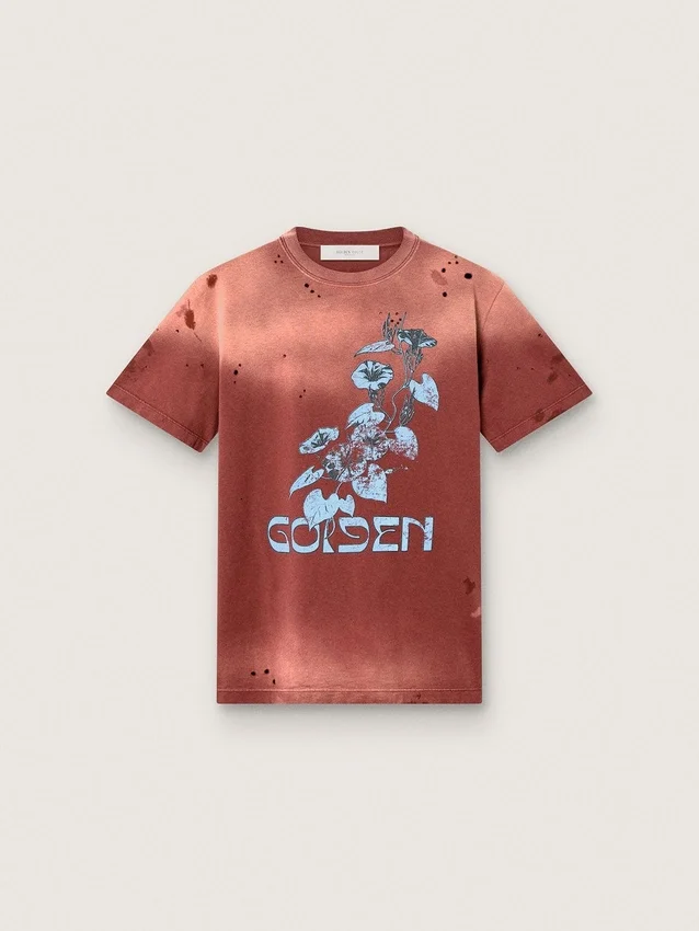 Camiseta para mujer de jersey de algodón color óxido con estampado floral