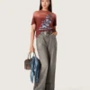 Camiseta para mujer de jersey de algodón color óxido con estampado floral