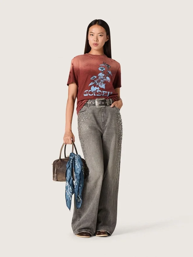 Camiseta para mujer de jersey de algodón color óxido con estampado floral