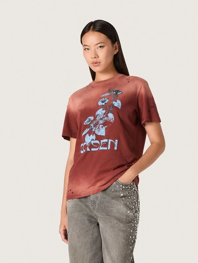 Camiseta para mujer de jersey de algodón color óxido con estampado floral